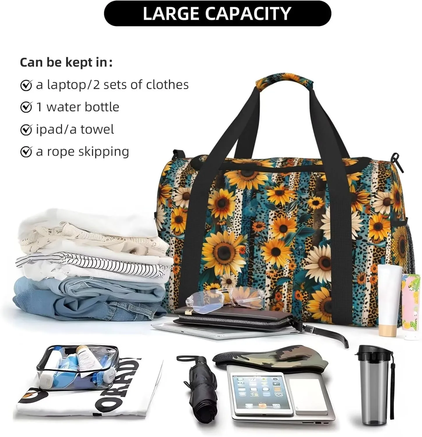 Duffle Bag Lightweight for Overnight Travel Leopard Sunflower Small Gym Bag Carry On Bag Stripe Aztec Overnight Luggage Bag Yellow Flower Floral Tote Bag Workout Dance Bag