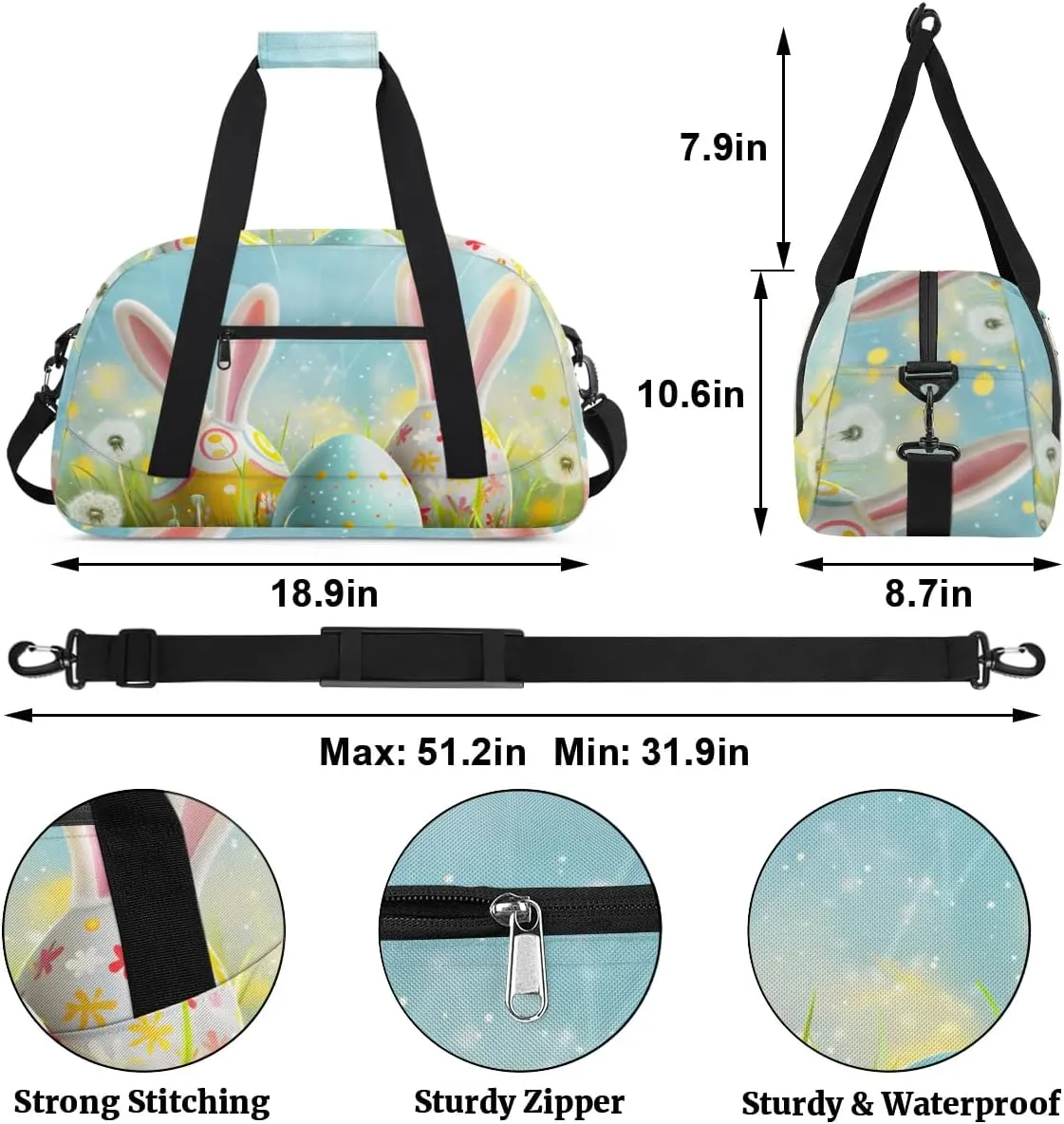 Duffle Bag Sky Flower Egg Easter Gym Bag Travel Bag Luggage Bag Waterproof Lightweight Sports for Dance Gymnastics Cheers Soccer Wrestling Hospital, for Weekender Overnight