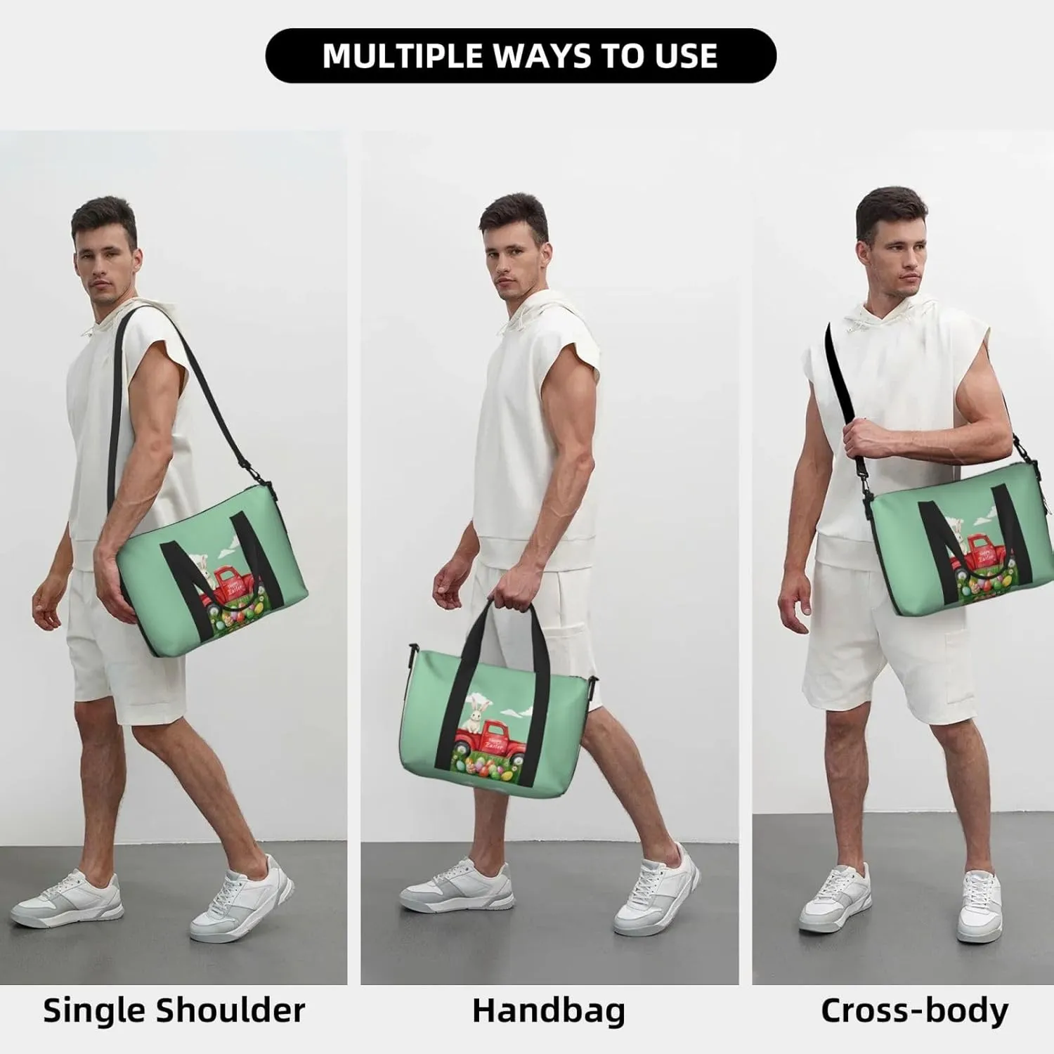 Easter Bunny Eggs Travel Duffel Bags for Women Men, Sports Training Gym Bag Dance Bag with Adjustable Shoulder Strap Rabbit in the Truck Weekender Overnight Bag