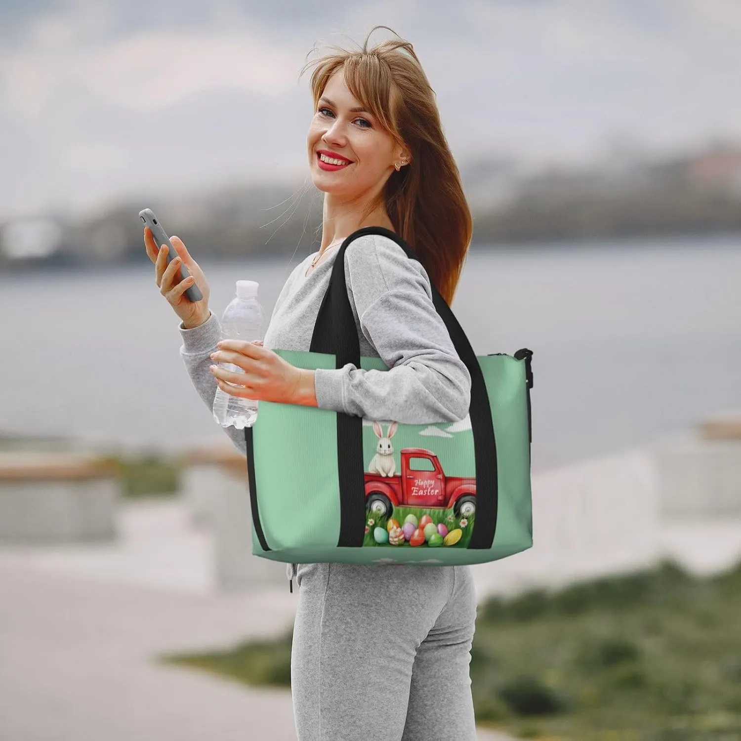 Easter Bunny Eggs Travel Duffel Bags for Women Men, Sports Training Gym Bag Dance Bag with Adjustable Shoulder Strap Rabbit in the Truck Weekender Overnight Bag