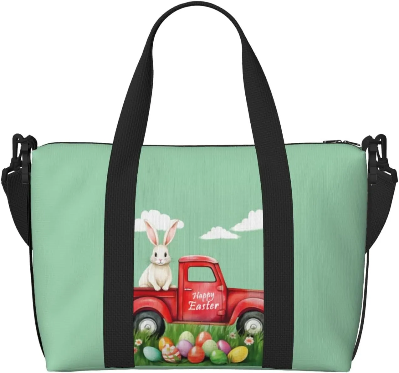 Easter Bunny Eggs Travel Duffel Bags for Women Men, Sports Training Gym Bag Dance Bag with Adjustable Shoulder Strap Rabbit in the Truck Weekender Overnight Bag