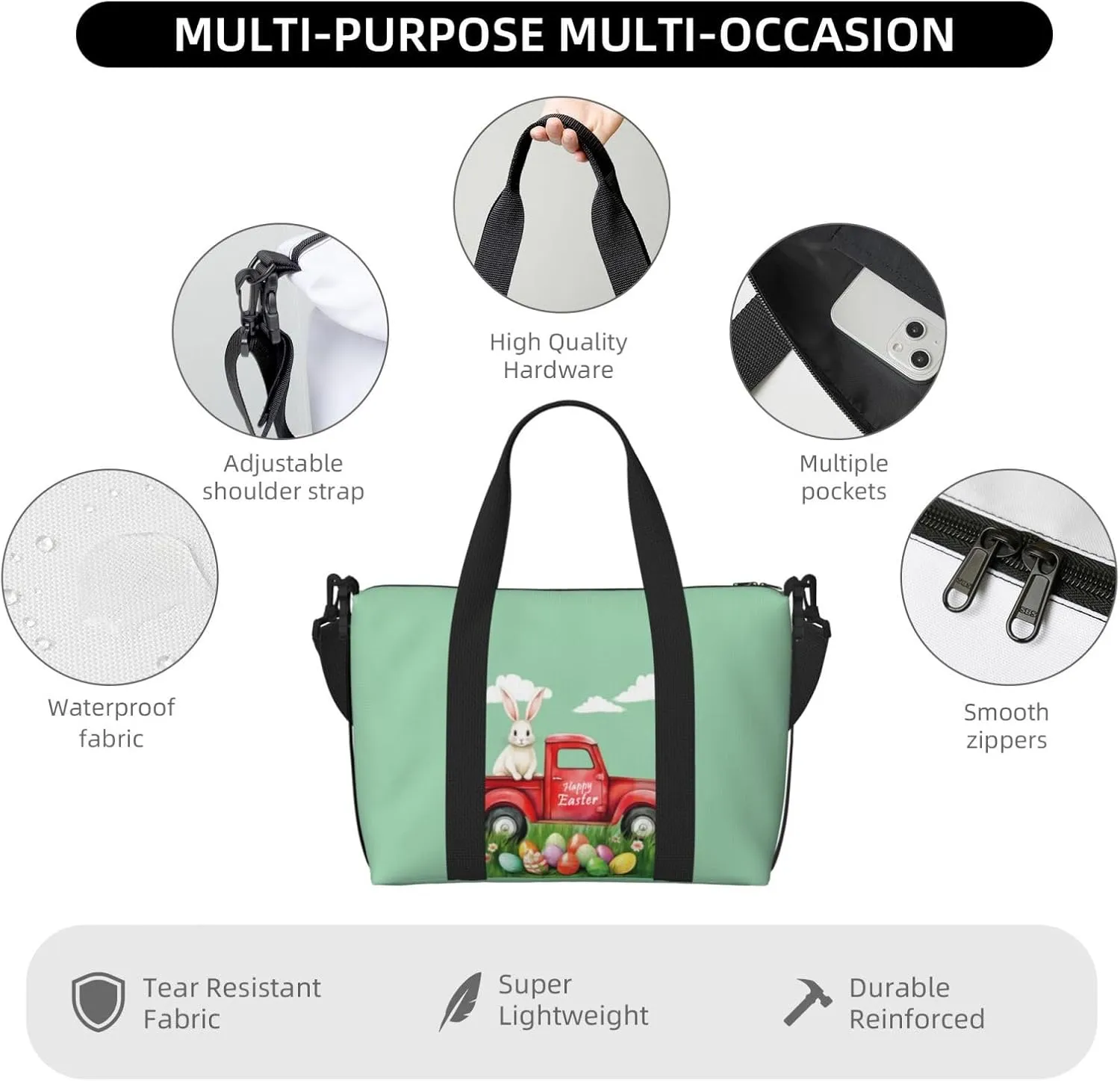 Easter Bunny Eggs Travel Duffel Bags for Women Men, Sports Training Gym Bag Dance Bag with Adjustable Shoulder Strap Rabbit in the Truck Weekender Overnight Bag
