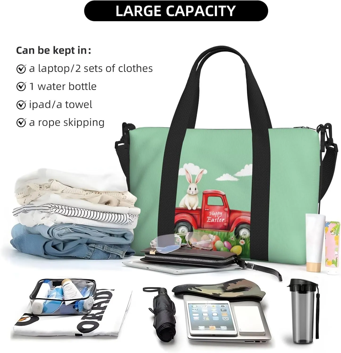 Easter Bunny Eggs Travel Duffel Bags for Women Men, Sports Training Gym Bag Dance Bag with Adjustable Shoulder Strap Rabbit in the Truck Weekender Overnight Bag