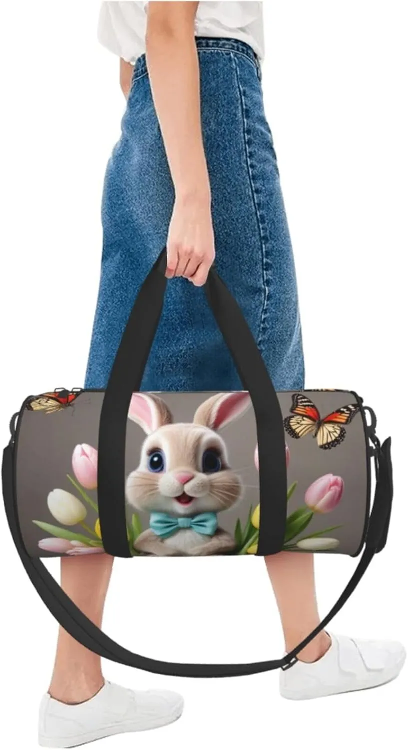 Easter Bunny with Eggs and Spring Butterfly Printed Travel Bag,Round Personal Item Storage bag,Foldie Duffel Bag for Traveling Vacation,Fitness,Sports