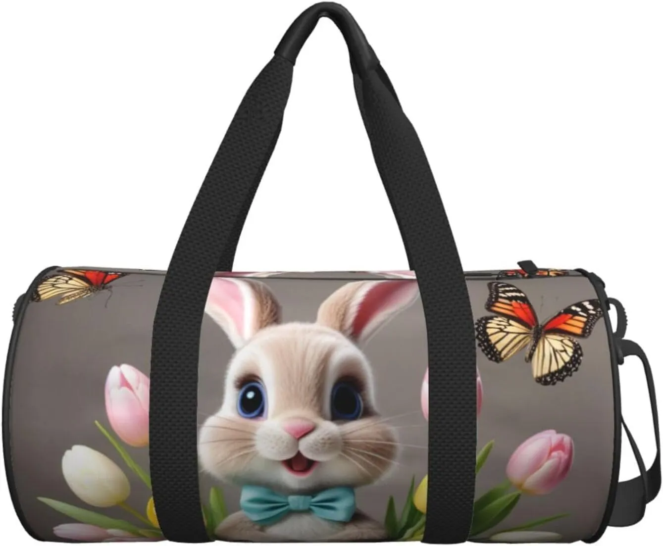 Easter Bunny with Eggs and Spring Butterfly Printed Travel Bag,Round Personal Item Storage bag,Foldie Duffel Bag for Traveling Vacation,Fitness,Sports