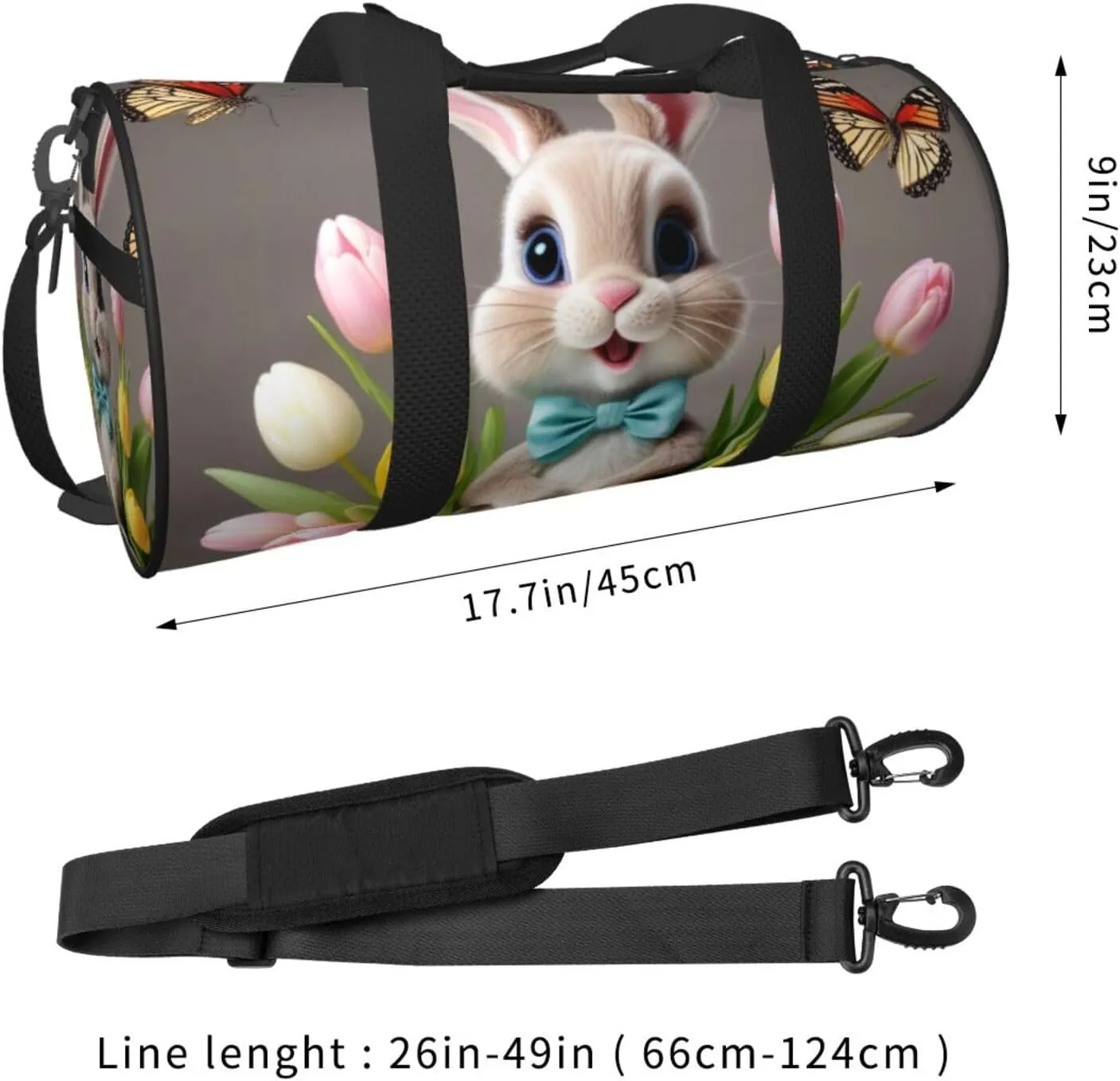 Easter Bunny with Eggs and Spring Butterfly Printed Travel Bag,Round Personal Item Storage bag,Foldie Duffel Bag for Traveling Vacation,Fitness,Sports