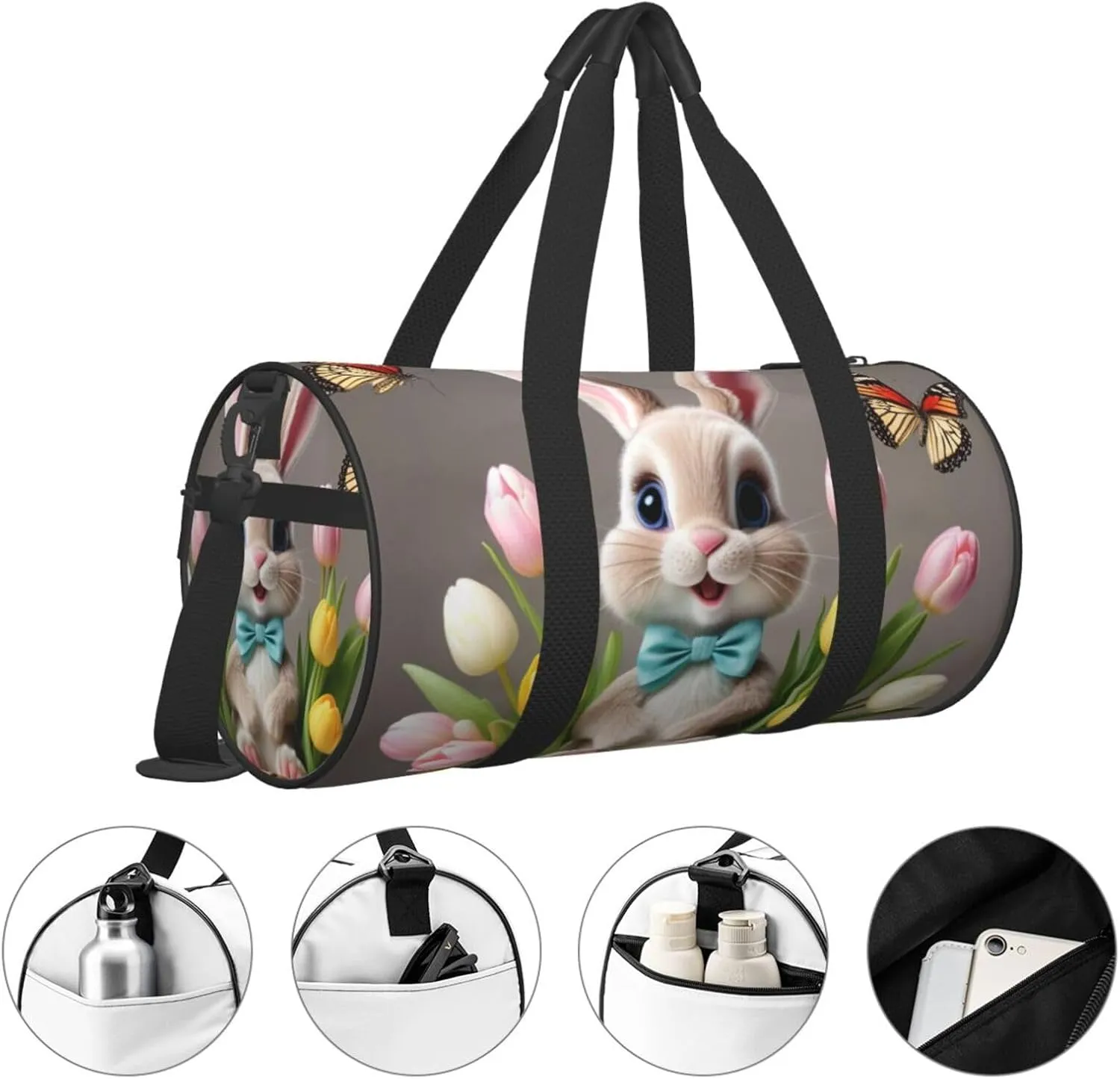 Easter Bunny with Eggs and Spring Butterfly Printed Travel Bag,Round Personal Item Storage bag,Foldie Duffel Bag for Traveling Vacation,Fitness,Sports