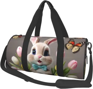 Easter Bunny with Eggs and Spring Butterfly Printed Travel Bag,Round Personal Item Storage bag,Foldie Duffel Bag for Traveling Vacation,Fitness,Sports
