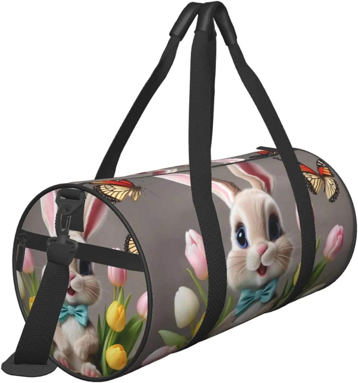 Easter Bunny with Eggs and Spring Butterfly Printed Travel Bag,Round Personal Item Storage bag,Foldie Duffel Bag for Traveling Vacation,Fitness,Sports