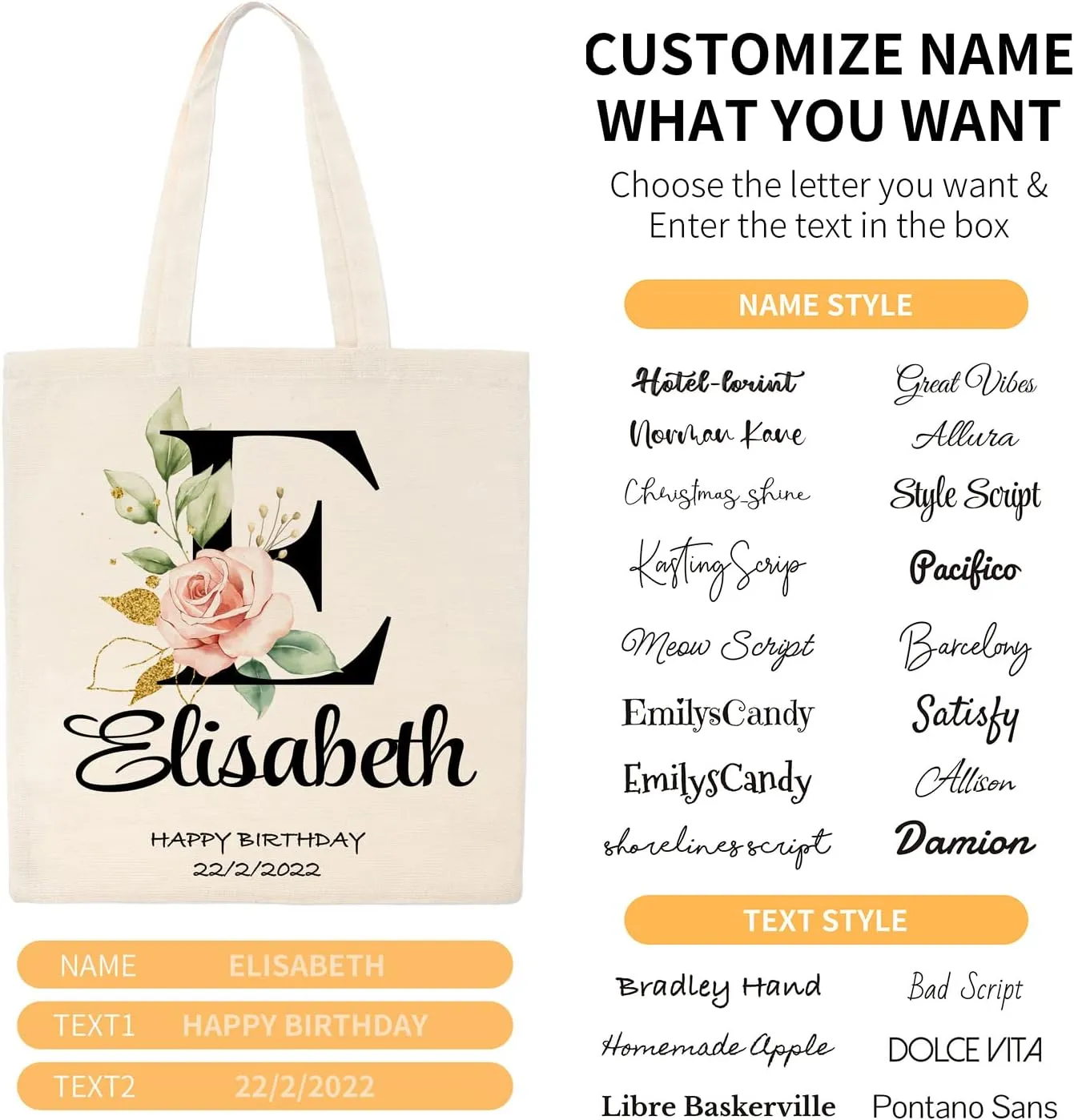 Easycosy Personalized Tote Bag Canvas Tote Bag with Picture Text Customized Reusable Grocery Bag Floral Gifts Bag for Women