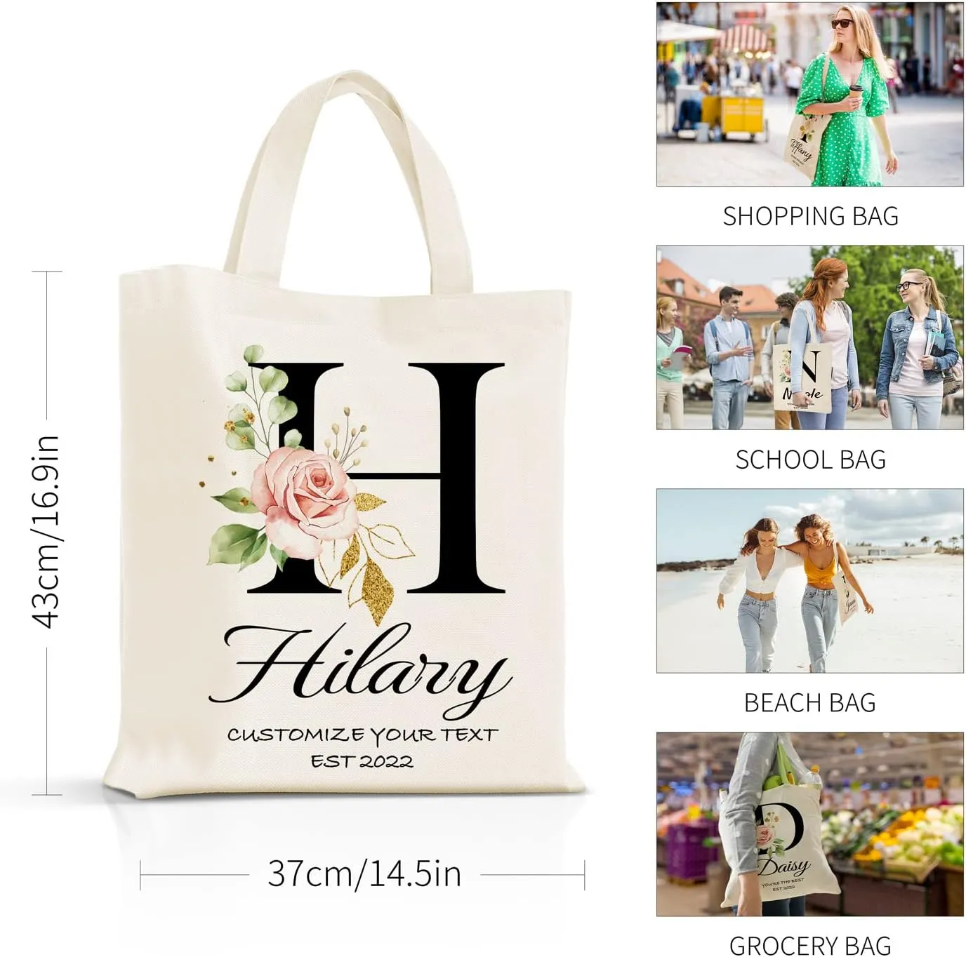 Easycosy Personalized Tote Bag Canvas Tote Bag with Picture Text Customized Reusable Grocery Bag Floral Gifts Bag for Women
