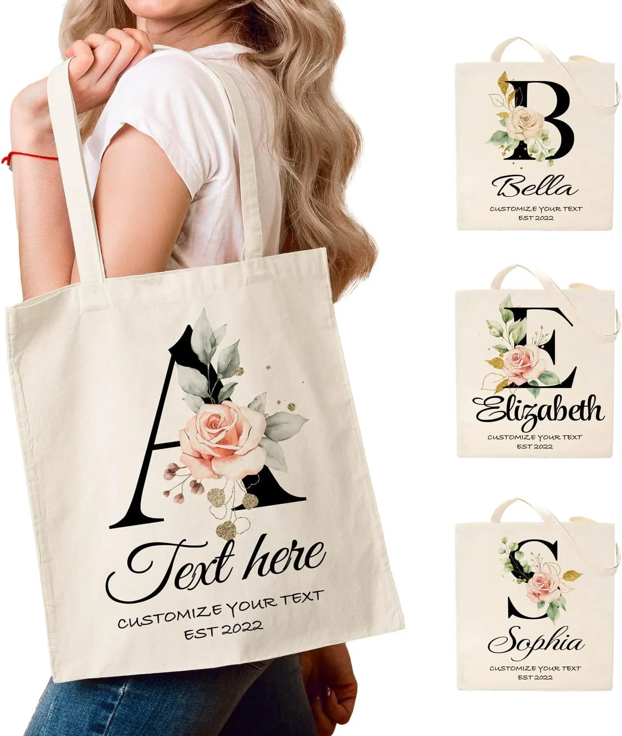 Easycosy Personalized Tote Bag Canvas Tote Bag with Picture Text Customized Reusable Grocery Bag Floral Gifts Bag for Women