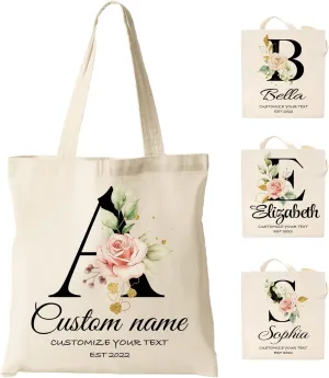 Easycosy Personalized Tote Bag Canvas Tote Bag with Picture Text Customized Reusable Grocery Bag Floral Gifts Bag for Women