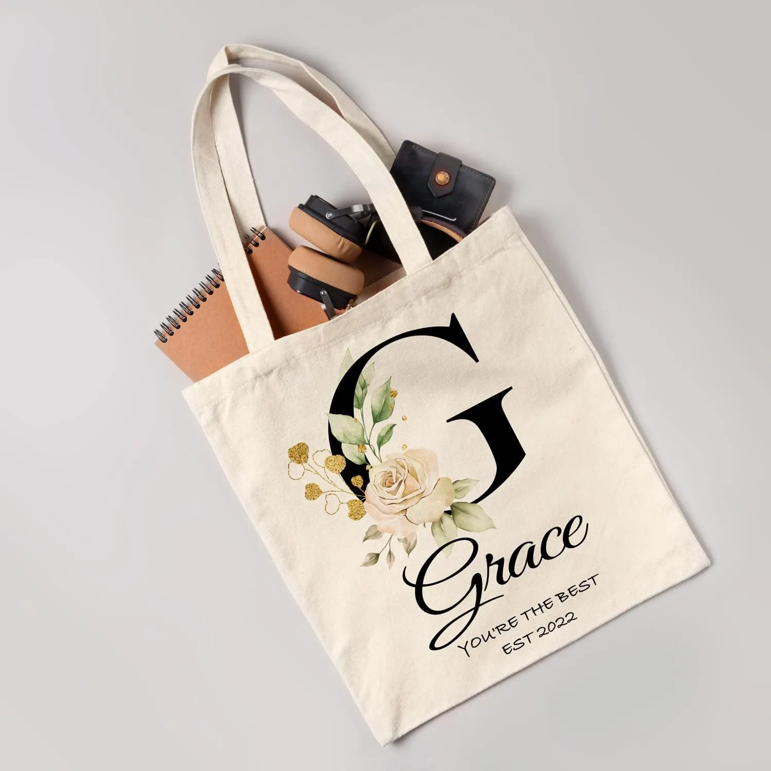 Easycosy Personalized Tote Bag Canvas Tote Bag with Picture Text Customized Reusable Grocery Bag Floral Gifts Bag for Women