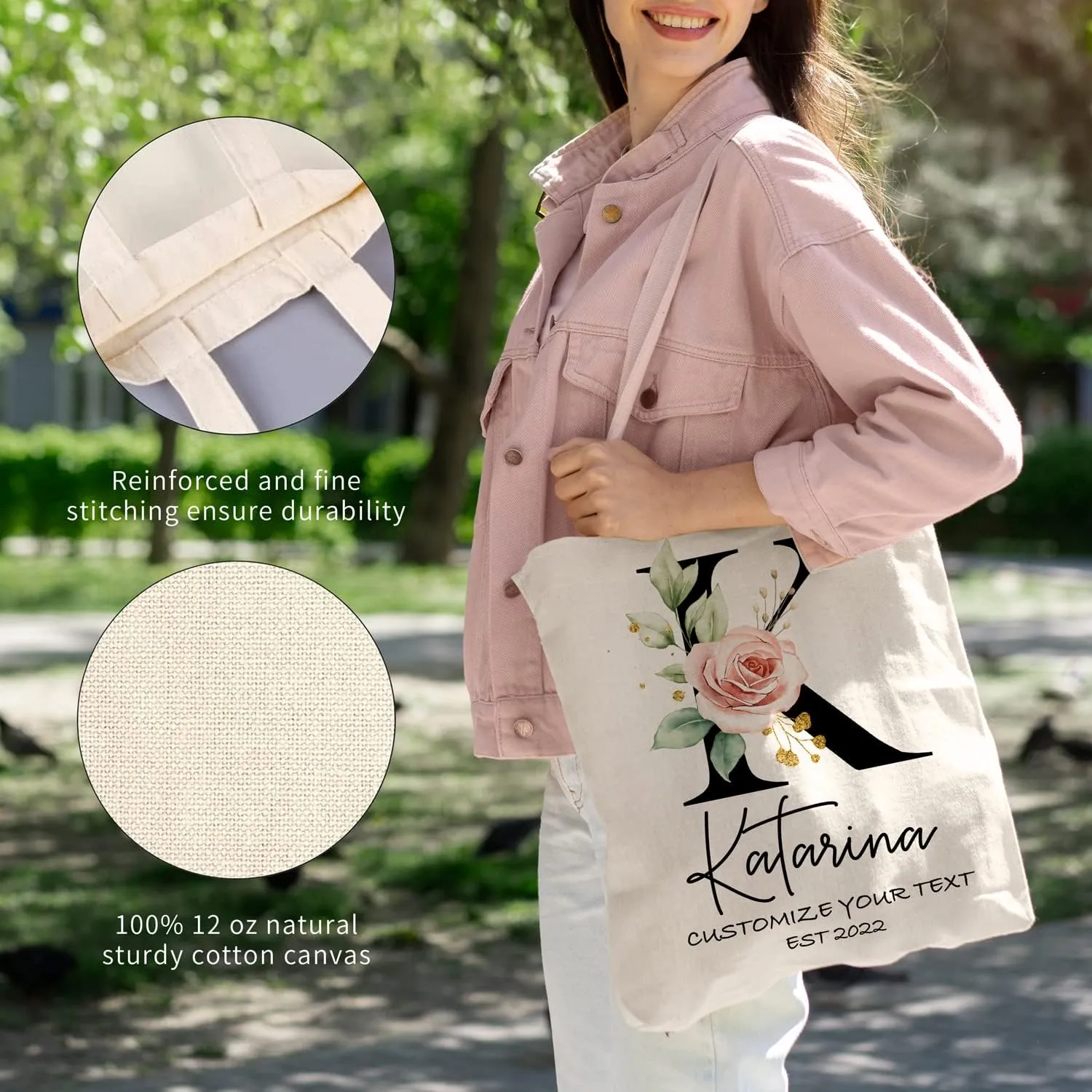 Easycosy Personalized Tote Bag Canvas Tote Bag with Picture Text Customized Reusable Grocery Bag Floral Gifts Bag for Women