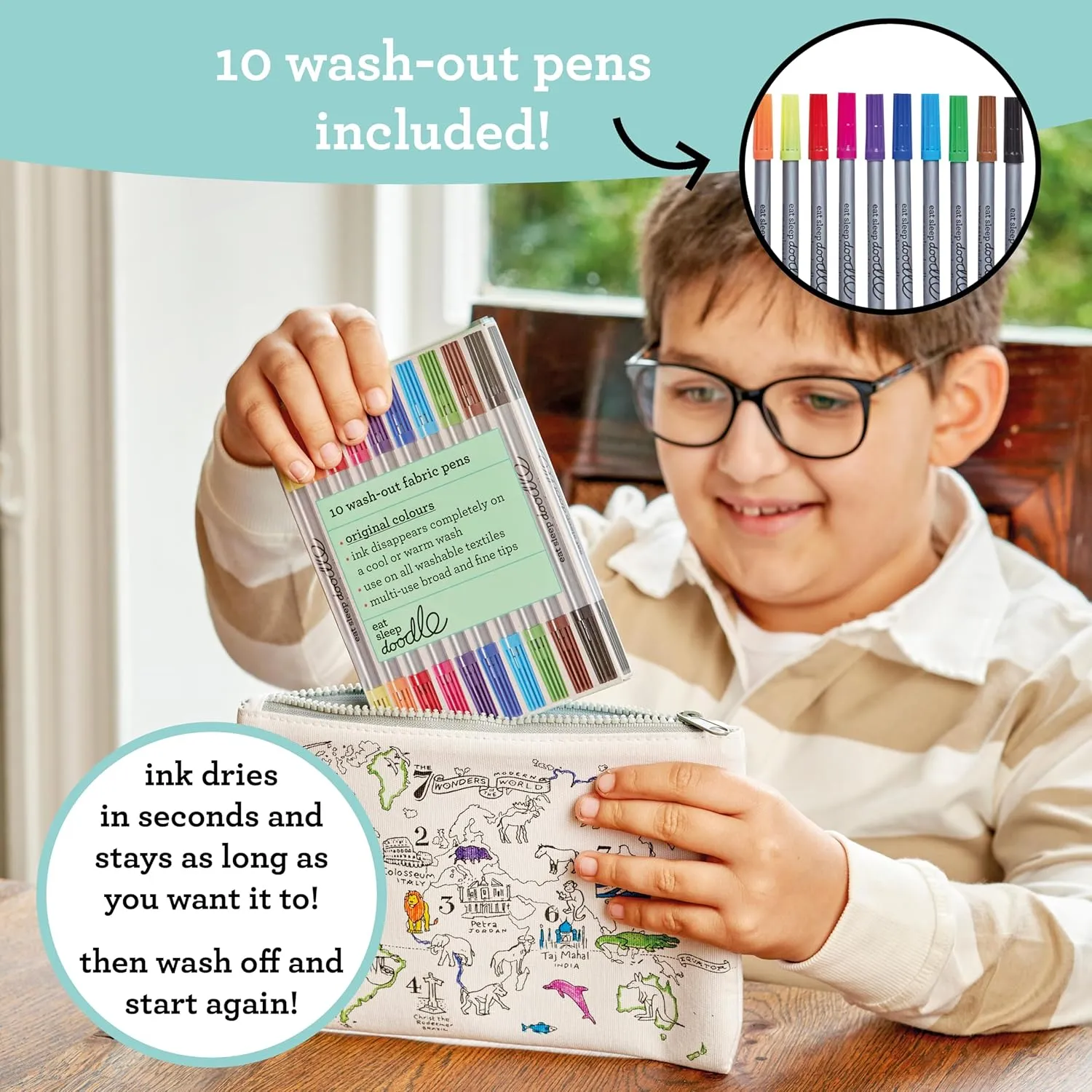 eatsleepdoodle World Map Colouring Pencil Case w/ 10pk Washable Markers - 8.5x6in Animal Colouring Pencil Pouch for Kids