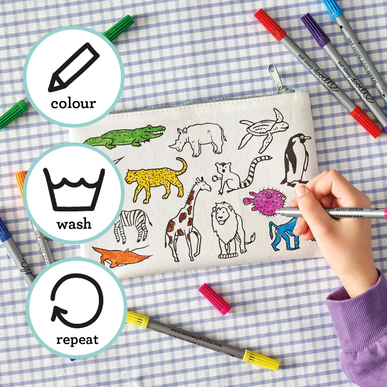 eatsleepdoodle World Map Colouring Pencil Case w/ 10pk Washable Markers - 8.5x6in Animal Colouring Pencil Pouch for Kids