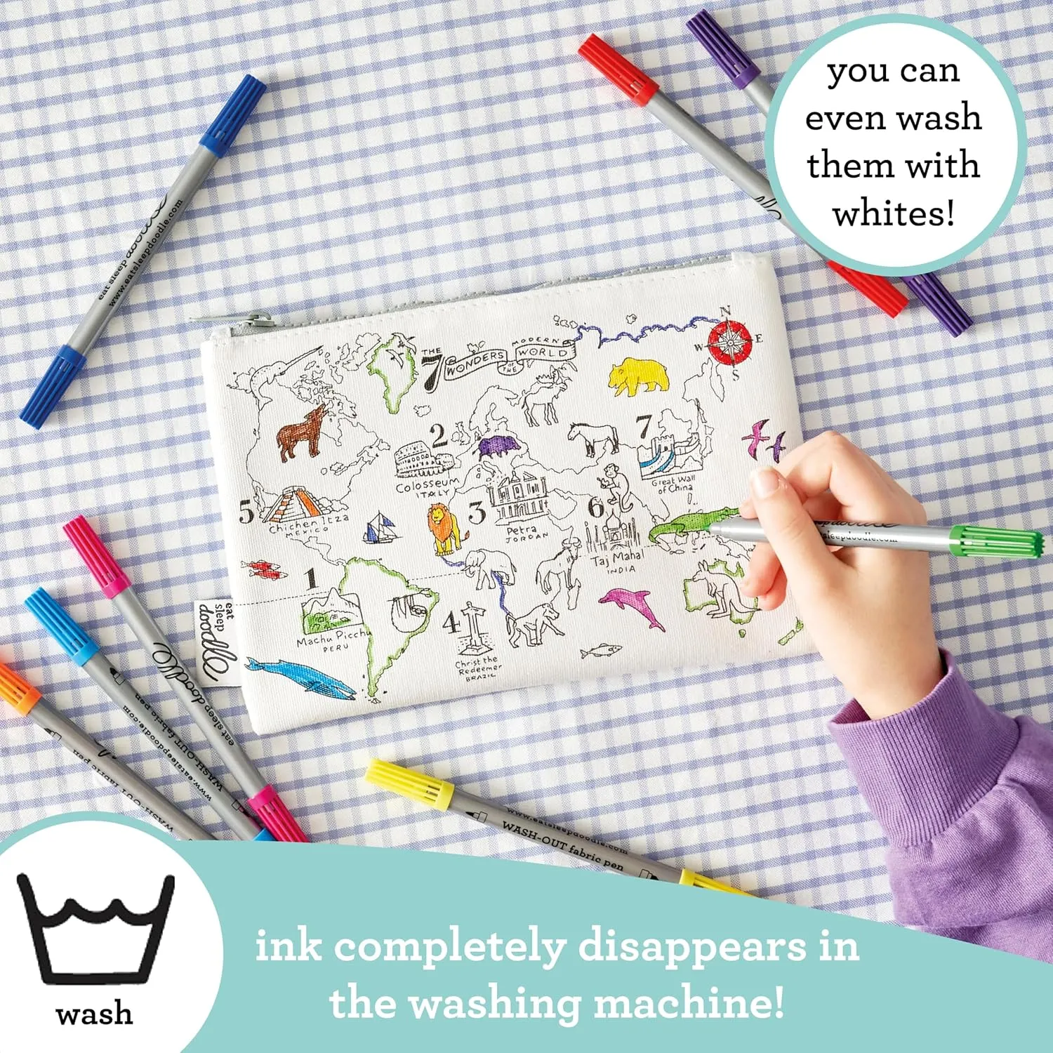 eatsleepdoodle World Map Colouring Pencil Case w/ 10pk Washable Markers - 8.5x6in Animal Colouring Pencil Pouch for Kids