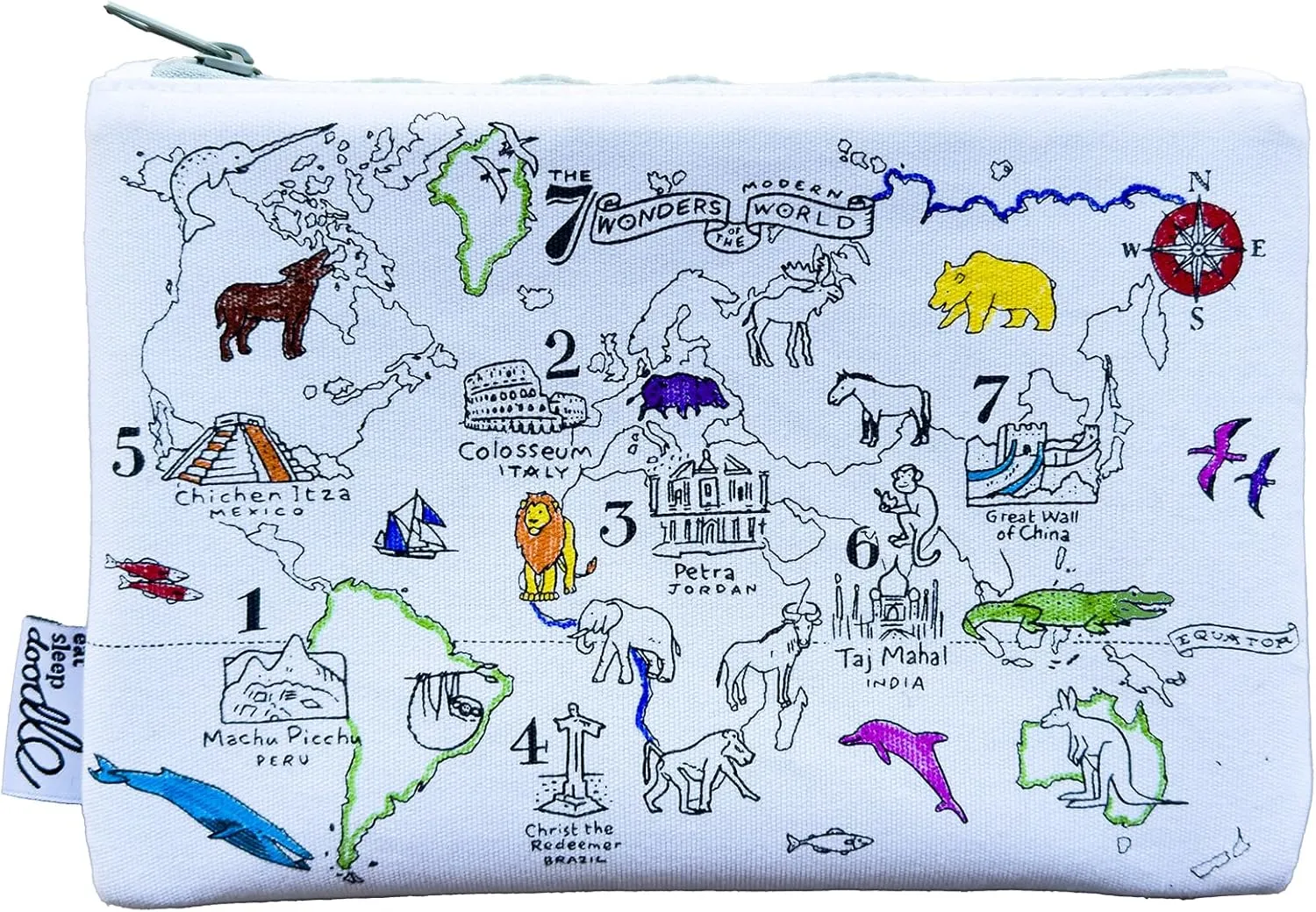 eatsleepdoodle World Map Colouring Pencil Case w/ 10pk Washable Markers - 8.5x6in Animal Colouring Pencil Pouch for Kids