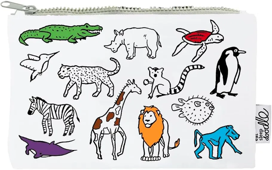 eatsleepdoodle World Map Colouring Pencil Case w/ 10pk Washable Markers - 8.5x6in Animal Colouring Pencil Pouch for Kids