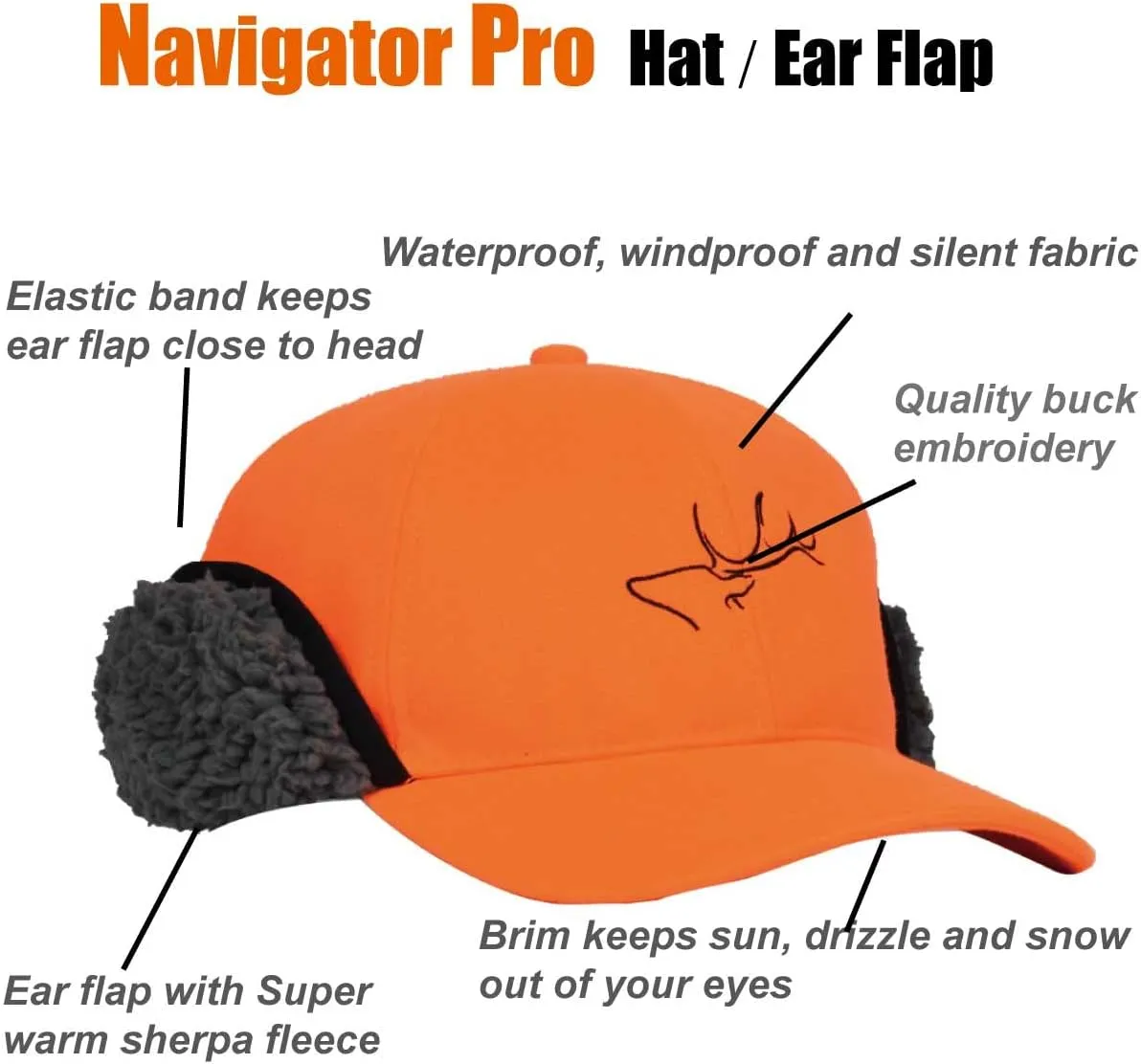 EDTREK Windproof and Waterproof Winter Hat with Sherpa Lined Ear Flap - Ultra Performance Blaze Orange and Camo Hunting Hat