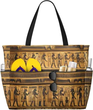 Egypt Hieroglyphics Print Large Tote Bag For Women, Travel Shoulder Bag Handle Handbag For Gym, Work, Travel