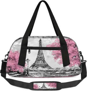 Eiffel Tower Painting Kids Duffel Bag Lightweight Waterproof Sports Gym Bag with Front Zipper Pocket Foldable Weekender Overnight Bag for School Practice Gymnastic Ballet