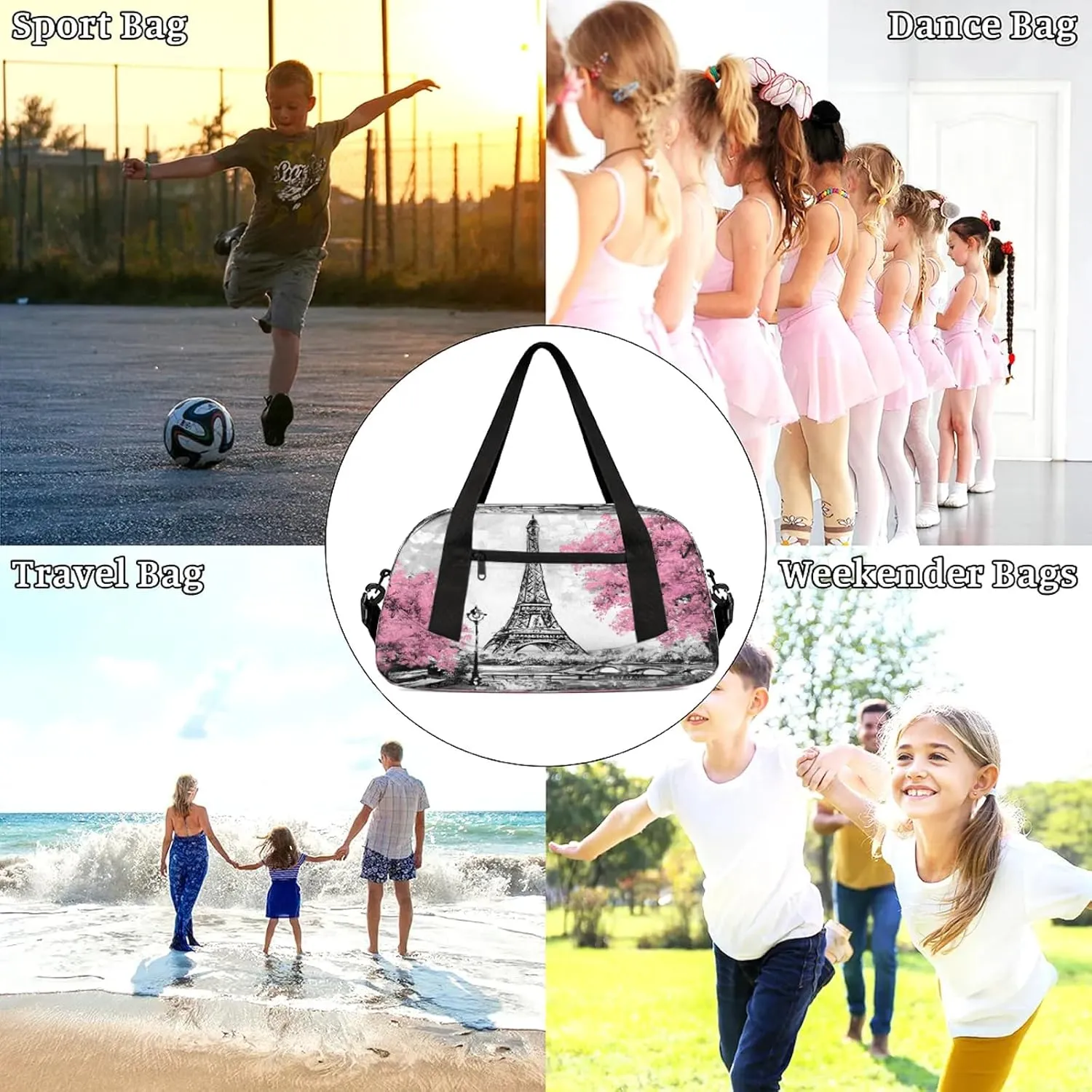 Eiffel Tower Painting Kids Duffel Bag Lightweight Waterproof Sports Gym Bag with Front Zipper Pocket Foldable Weekender Overnight Bag for School Practice Gymnastic Ballet