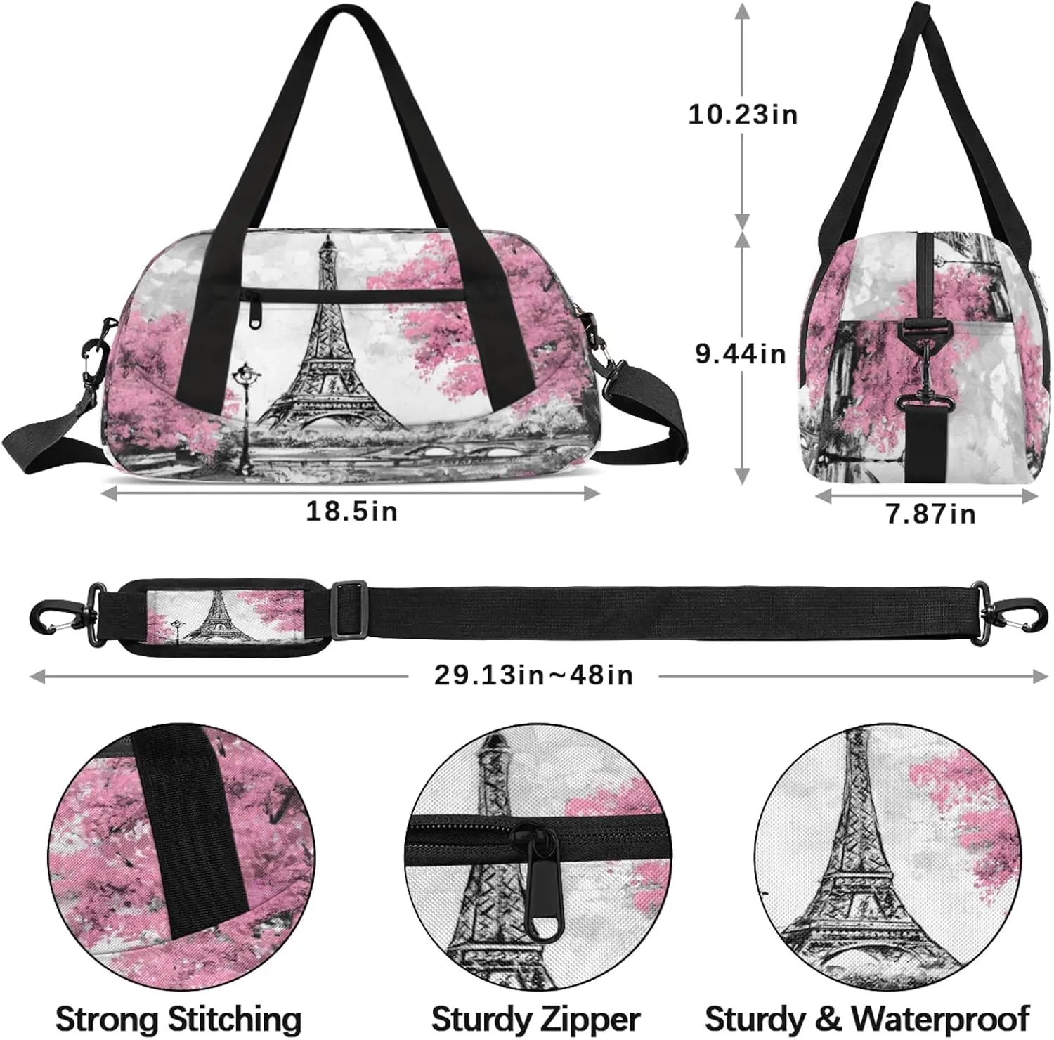 Eiffel Tower Painting Kids Duffel Bag Lightweight Waterproof Sports Gym Bag with Front Zipper Pocket Foldable Weekender Overnight Bag for School Practice Gymnastic Ballet