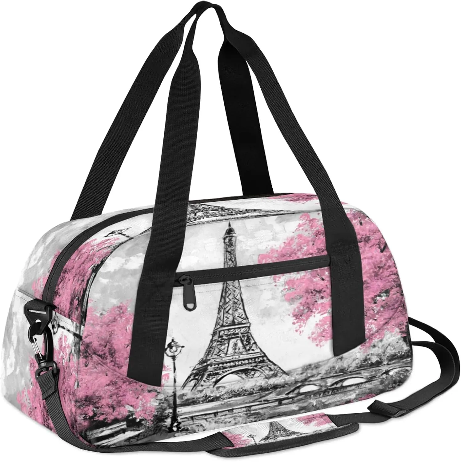 Eiffel Tower Painting Kids Duffel Bag Lightweight Waterproof Sports Gym Bag with Front Zipper Pocket Foldable Weekender Overnight Bag for School Practice Gymnastic Ballet