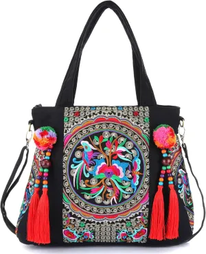 Embroidered Tassels Tote Shoulder Bag Casual Canvas Handbag Cross Body Bag One_Size