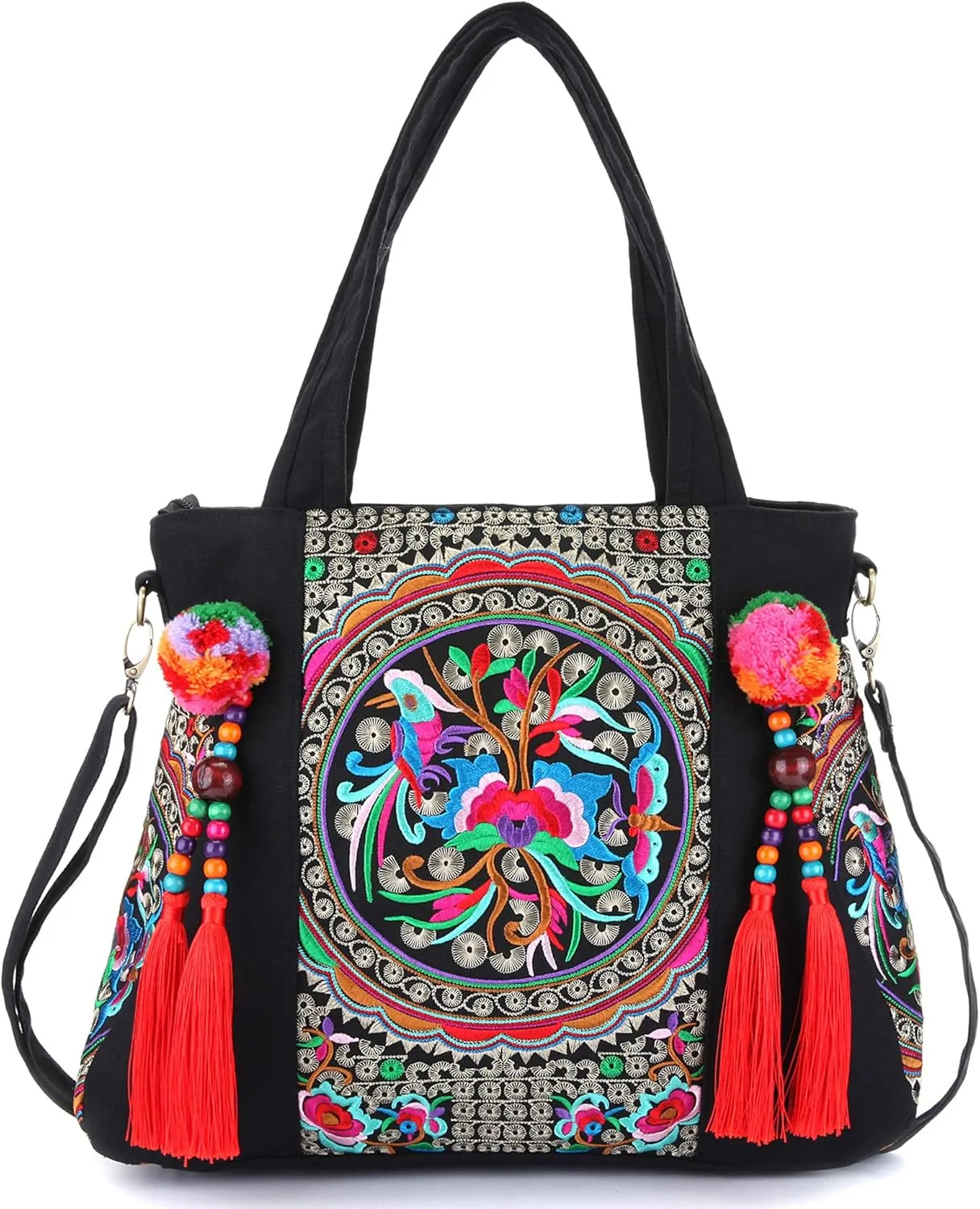 Embroidered Tassels Tote Shoulder Bag Casual Canvas Handbag Cross Body Bag One_Size