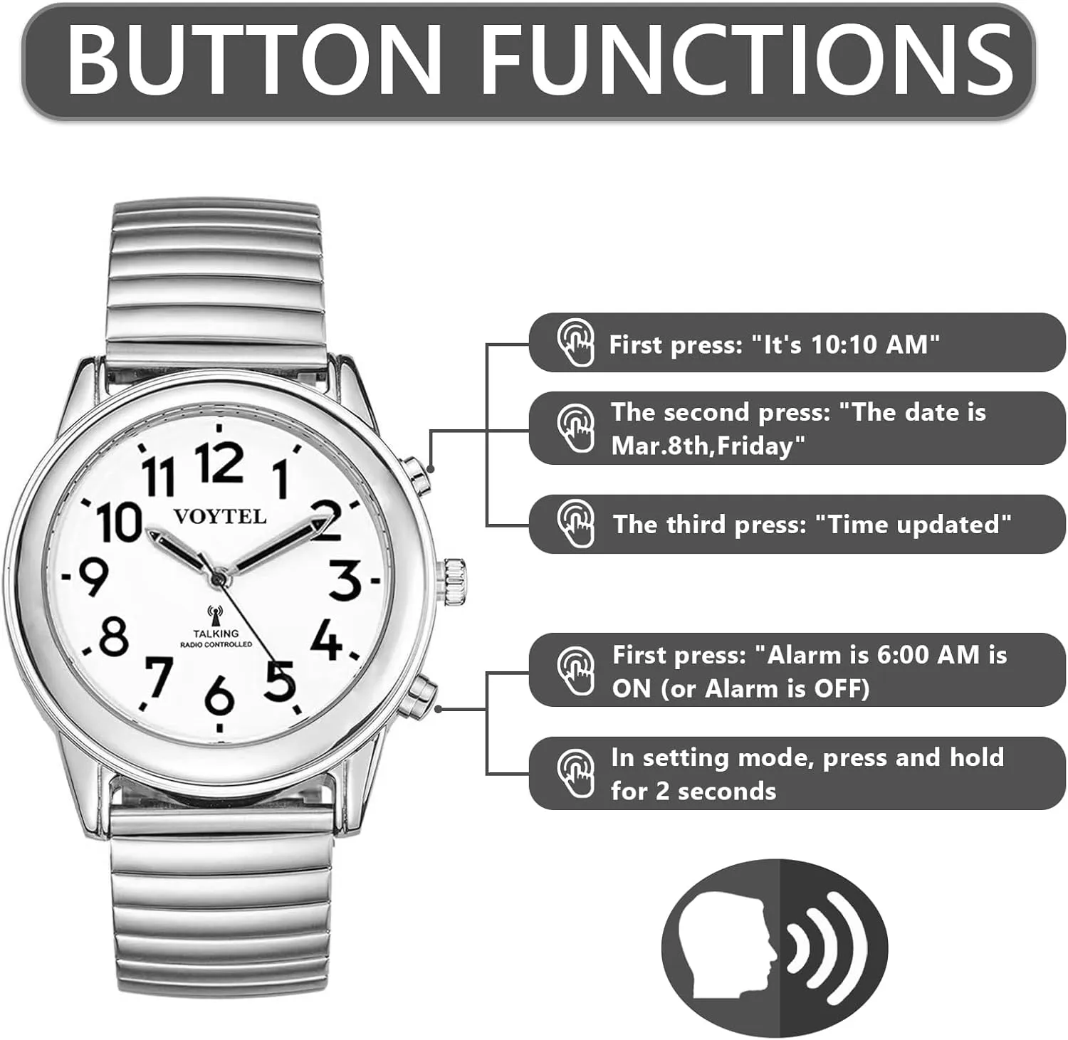 English Talking Men's Watch for Elderly, Low Vision or Visually Impaired, Loud Sound, Large Numbers, Bold Hands, Stainless Steel Expandable Strap