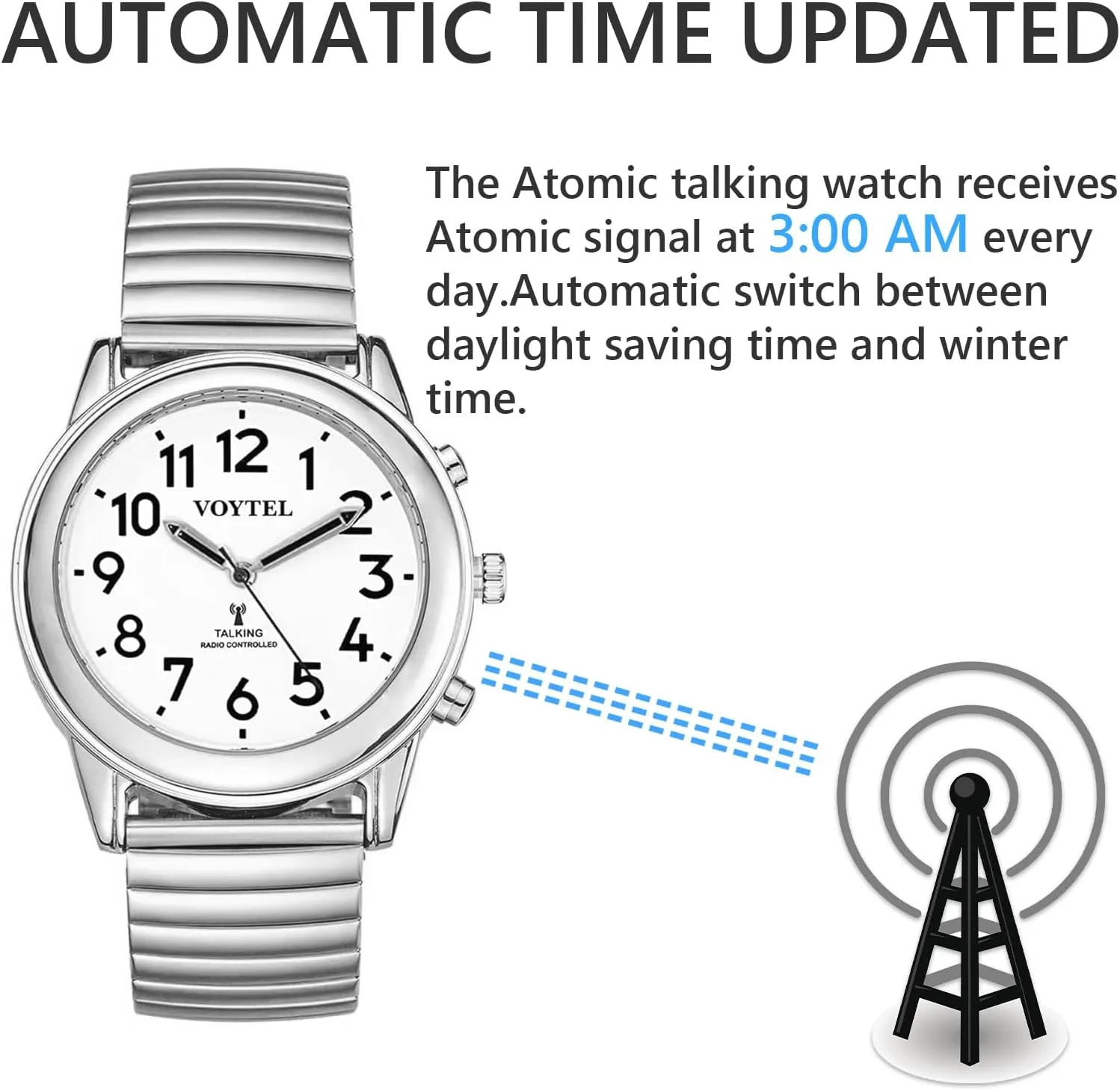 English Talking Men's Watch for Elderly, Low Vision or Visually Impaired, Loud Sound, Large Numbers, Bold Hands, Stainless Steel Expandable Strap