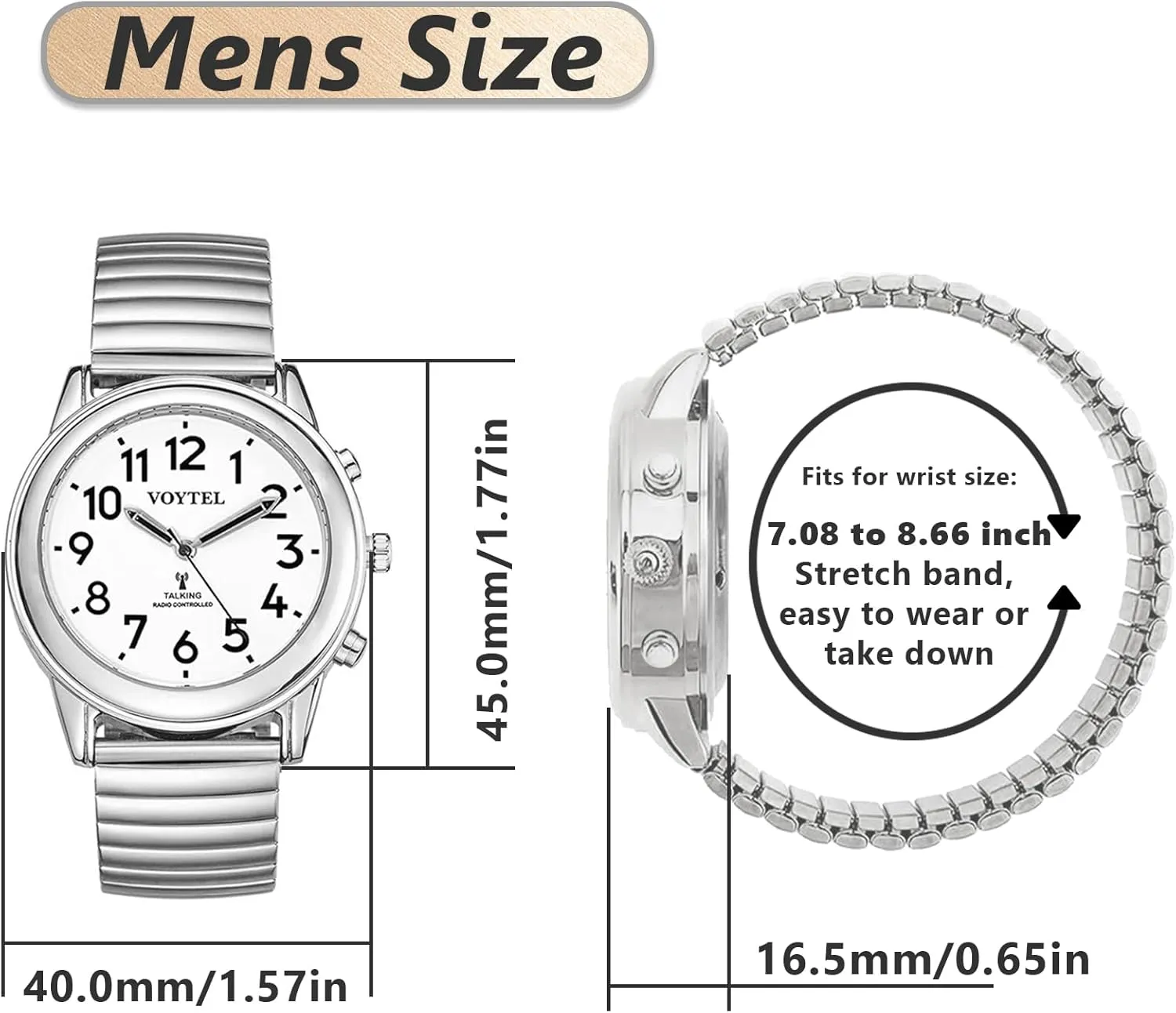 English Talking Men's Watch for Elderly, Low Vision or Visually Impaired, Loud Sound, Large Numbers, Bold Hands, Stainless Steel Expandable Strap