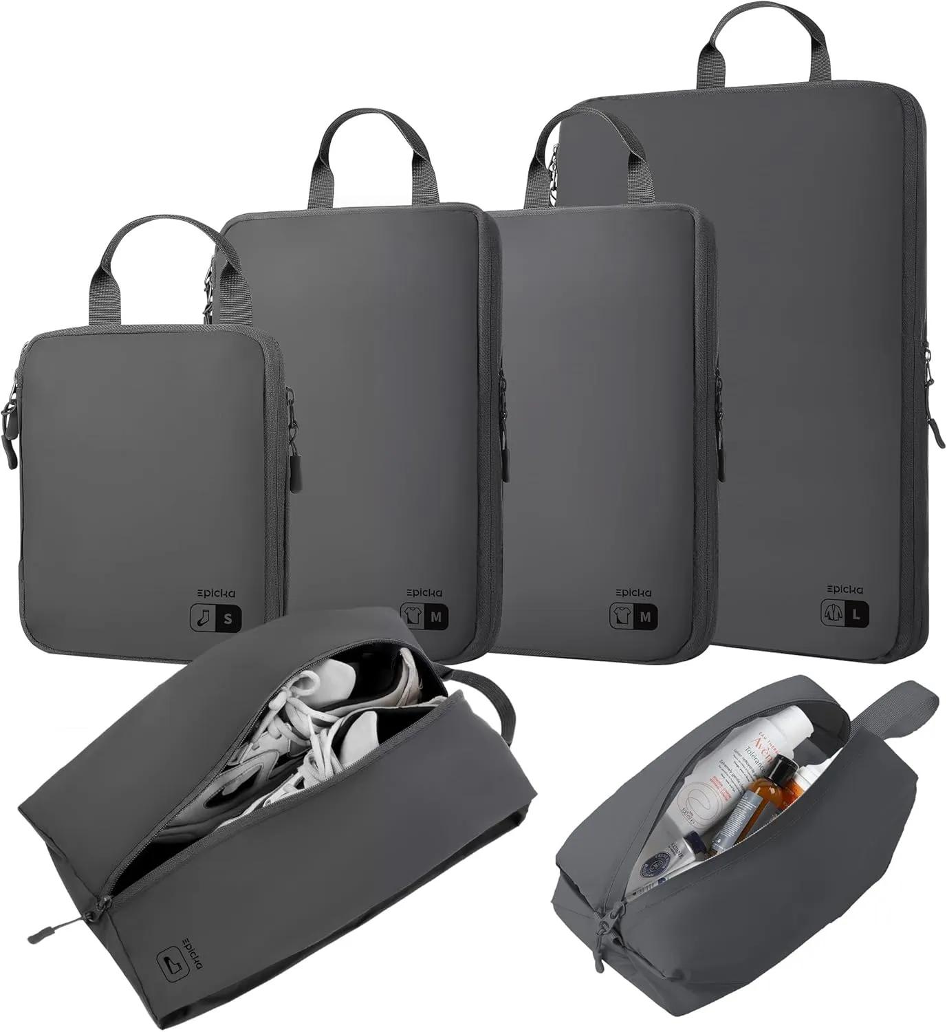EPICKA 6 Set Ultra-Lightweight Compression Packing Cubes - Water Resistant Durable Travel Organizers with Toiletries Bag, Expandable Travel Accessories for Carry on Luggage, Suitcase (Dark Grey)