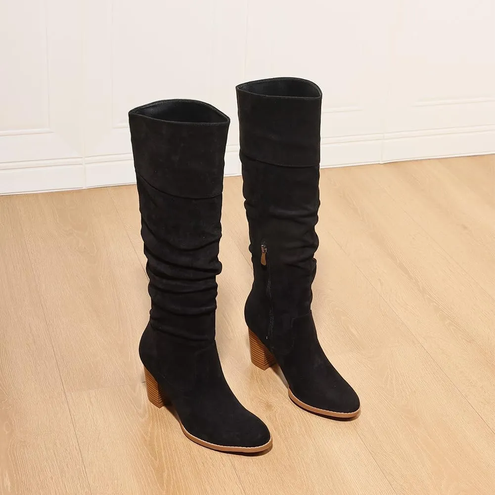 Erocalli Suede Knee-High Boots Fall Boot For Women Chunky Block High Heel Slouch Fashion Boot Round Toe Side Zipper