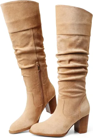 Erocalli Suede Knee-High Boots Fall Boot For Women Chunky Block High Heel Slouch Fashion Boot Round Toe Side Zipper
