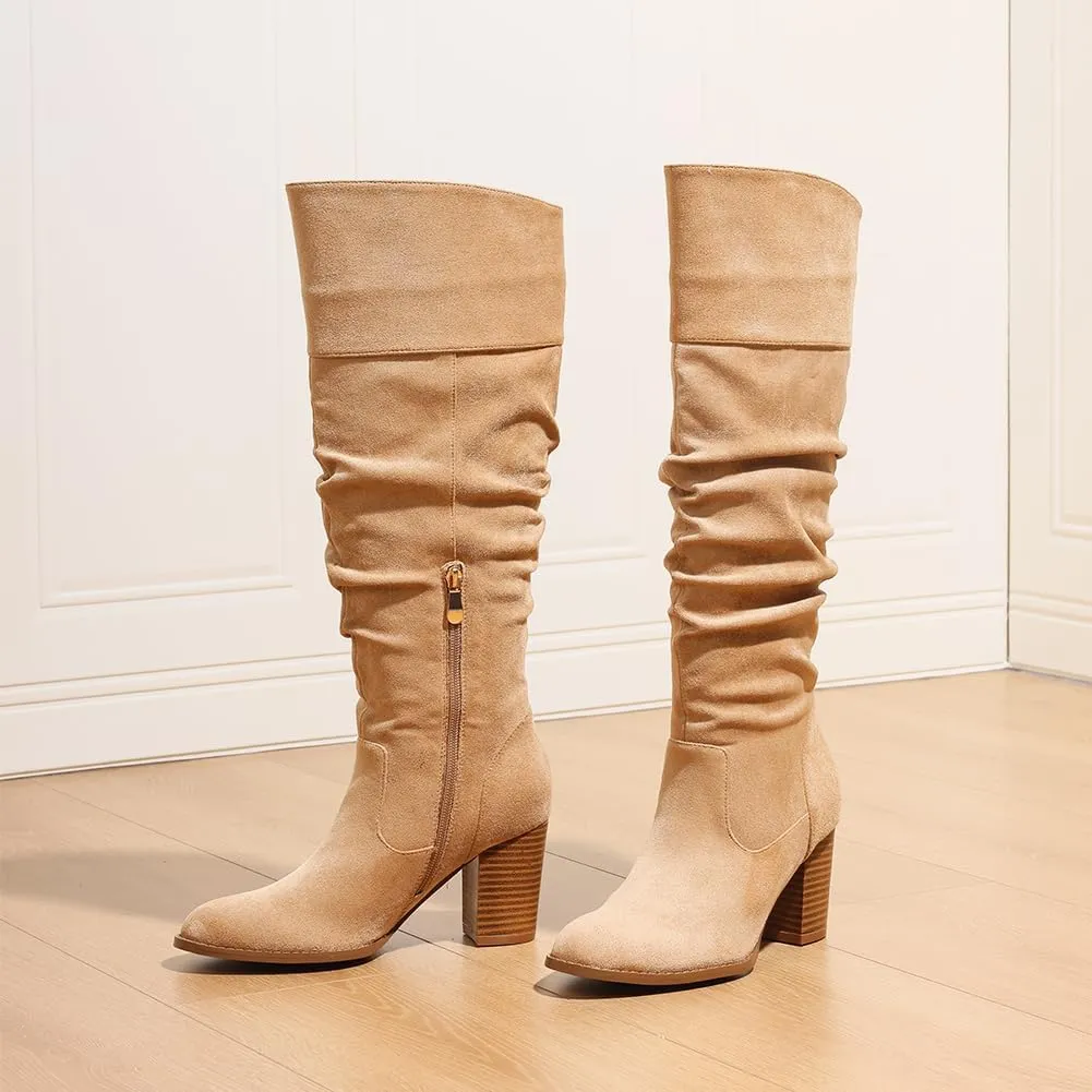 Erocalli Suede Knee-High Boots Fall Boot For Women Chunky Block High Heel Slouch Fashion Boot Round Toe Side Zipper