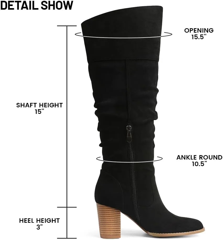 Erocalli Suede Knee-High Boots Fall Boot For Women Chunky Block High Heel Slouch Fashion Boot Round Toe Side Zipper