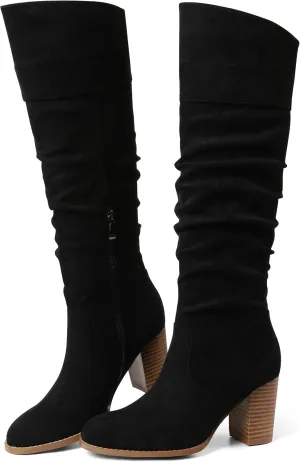 Erocalli Suede Knee-High Boots Fall Boot For Women Chunky Block High Heel Slouch Fashion Boot Round Toe Side Zipper