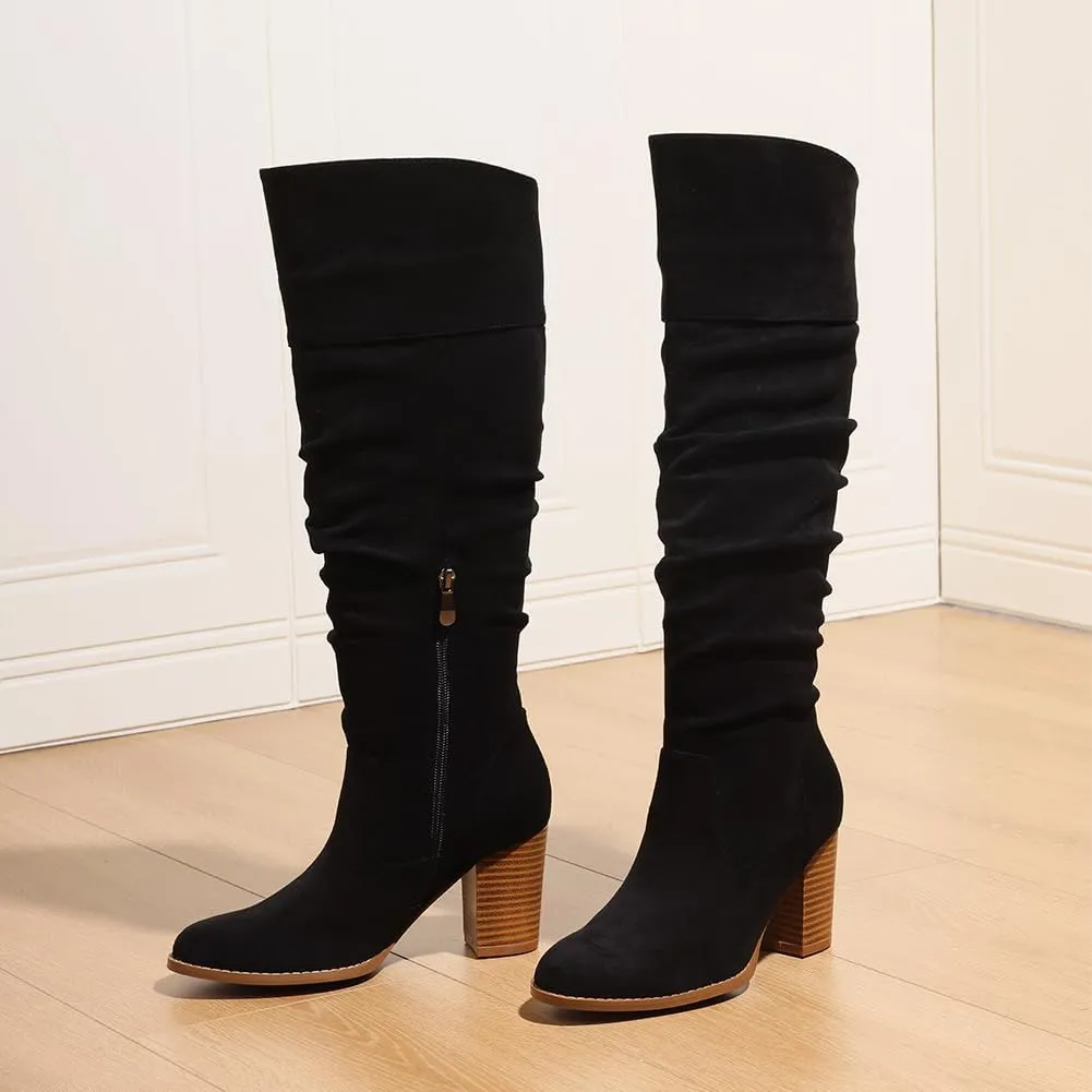 Erocalli Suede Knee-High Boots Fall Boot For Women Chunky Block High Heel Slouch Fashion Boot Round Toe Side Zipper