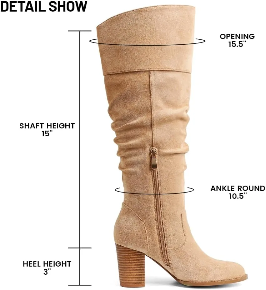 Erocalli Suede Knee-High Boots Fall Boot For Women Chunky Block High Heel Slouch Fashion Boot Round Toe Side Zipper