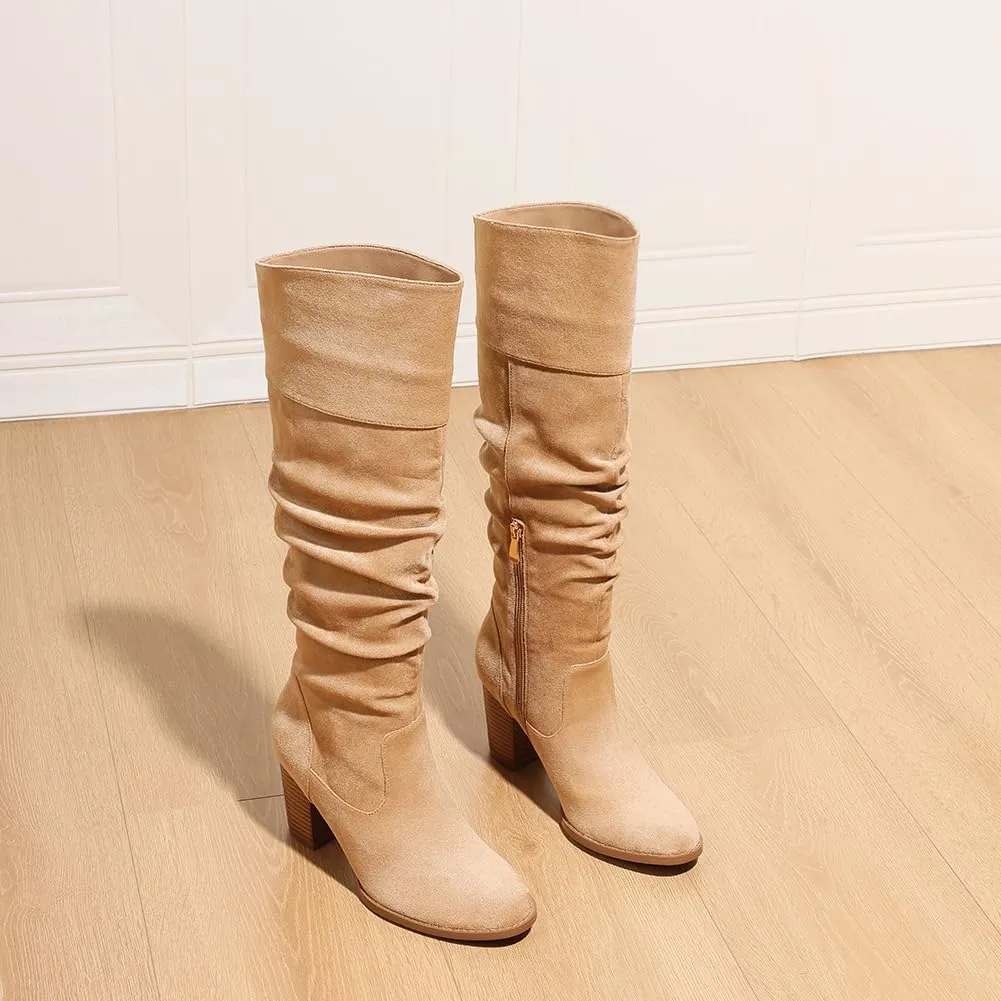 Erocalli Suede Knee-High Boots Fall Boot For Women Chunky Block High Heel Slouch Fashion Boot Round Toe Side Zipper