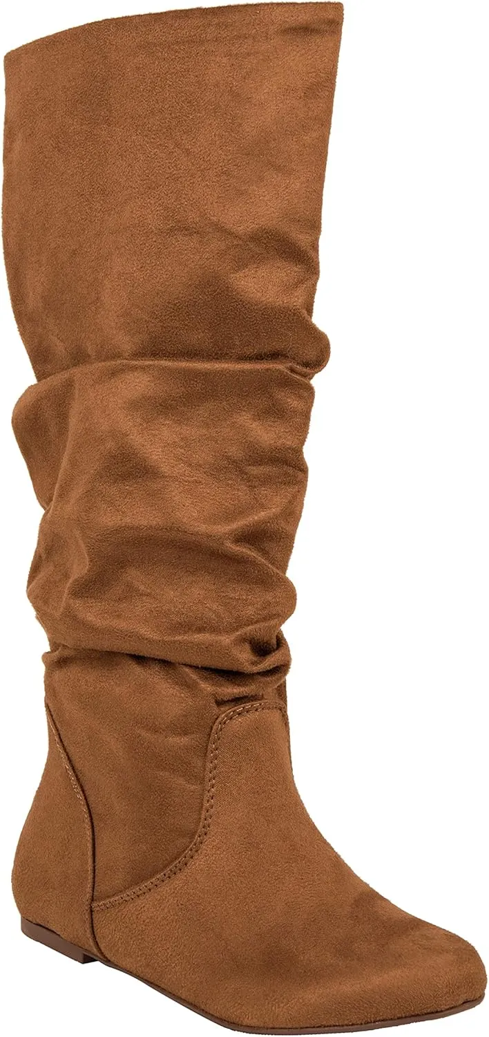 ESMY Women's Slouchy Faux Suede Leather Mid Calf Flats Basic Boots