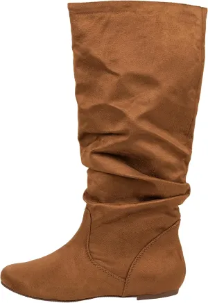 ESMY Women's Slouchy Faux Suede Leather Mid Calf Flats Basic Boots