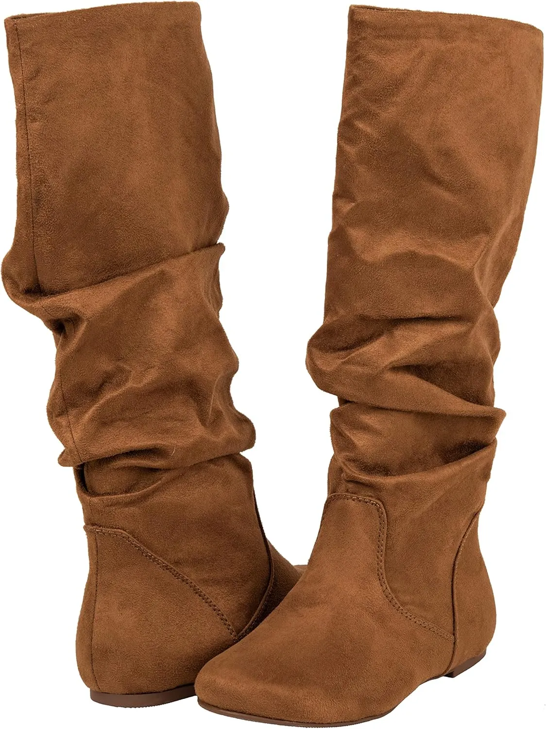ESMY Women's Slouchy Faux Suede Leather Mid Calf Flats Basic Boots