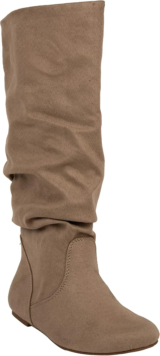 ESMY Women's Slouchy Faux Suede Leather Mid Calf Flats Basic Boots