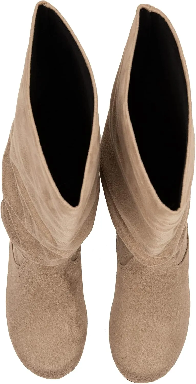 ESMY Women's Slouchy Faux Suede Leather Mid Calf Flats Basic Boots