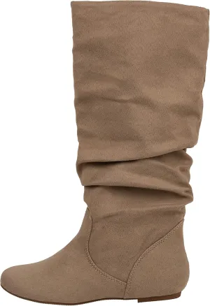 ESMY Women's Slouchy Faux Suede Leather Mid Calf Flats Basic Boots